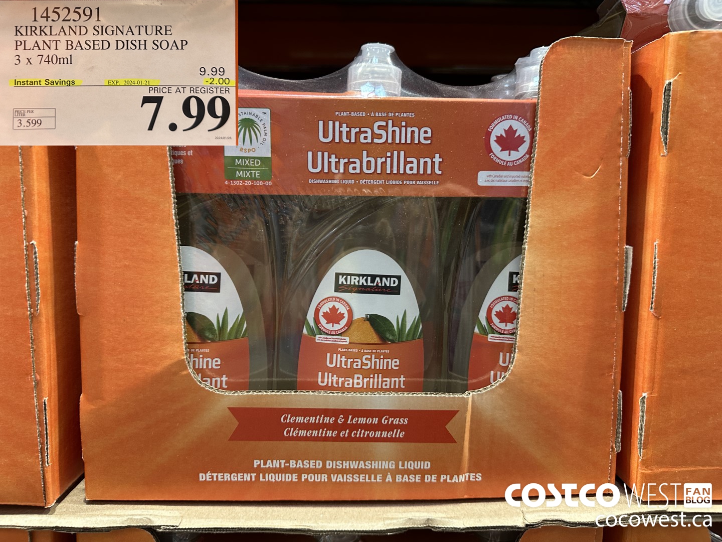 1452591 KIRKLAND SIGNATURE PLANT BASED DISH SOAP 3 X 740 ML ($2.00 INSTANT SAVINGS EXPIRES ON 2024-01-21) $7.99