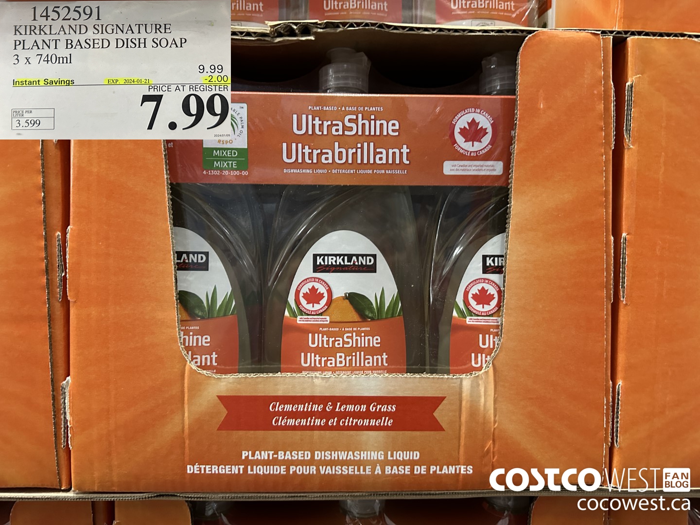 1452591 KIRKLAND SIGNATURE PLANT BASED DISH SOAP 3 X 740 ML ($2.00 INSTANT SAVINGS EXPIRES ON 2024-01-21) $7.99