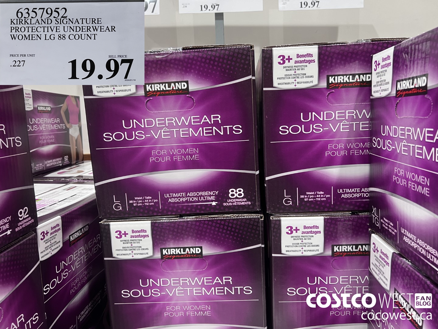 6357952 KIRKLAND SIGNATURE PROTECTIVE UNDERWEAR WOMEN LG 88 COUNT $19.97