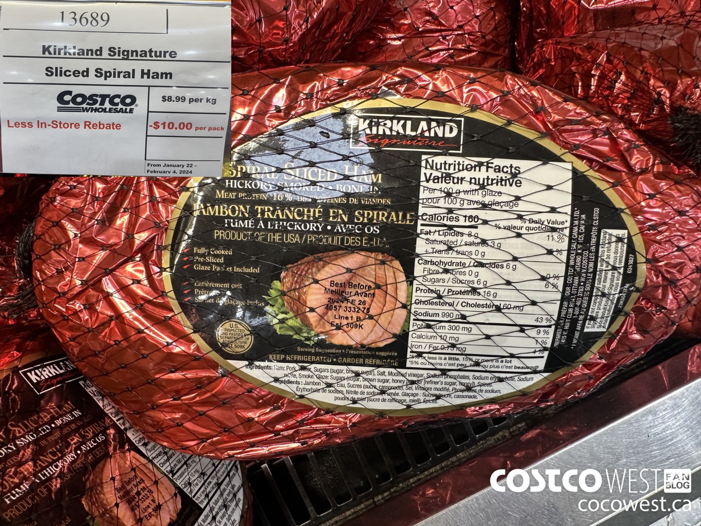 13689 KIRKLAND SIGNATURE SLICED SPIRAL HAM PRICE PER KG ($10.00 INSTANT SAVINGS EXPIRES ON 2024-02-04)