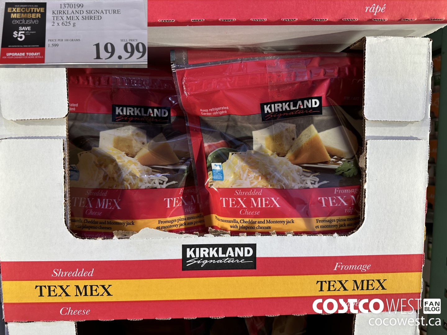 1370199 KIRKLAND SIGNATURE TEX MEX SHRED 2 x 625 g ($5.00 INSTANT SAVINGS EXPIRES ON 2024-01-21) $14.99