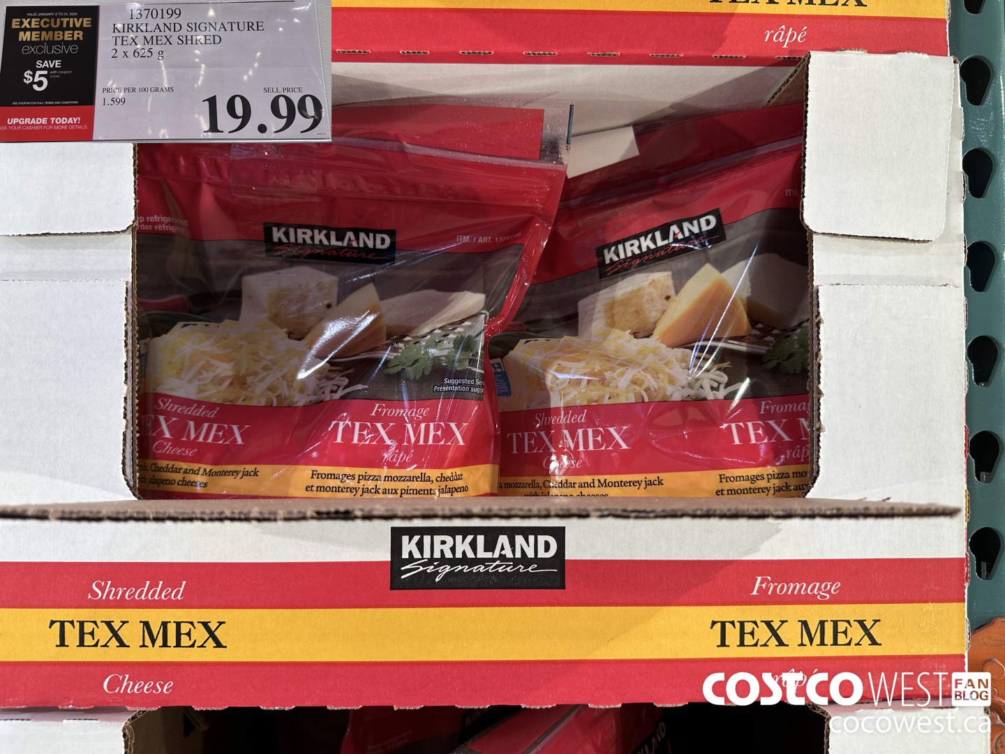1370199 KIRKLAND SIGNATURE TEX MEX SHRED 2 x 625 g ($5.00 INSTANT SAVINGS EXPIRES ON 2024-01-21) $14.99