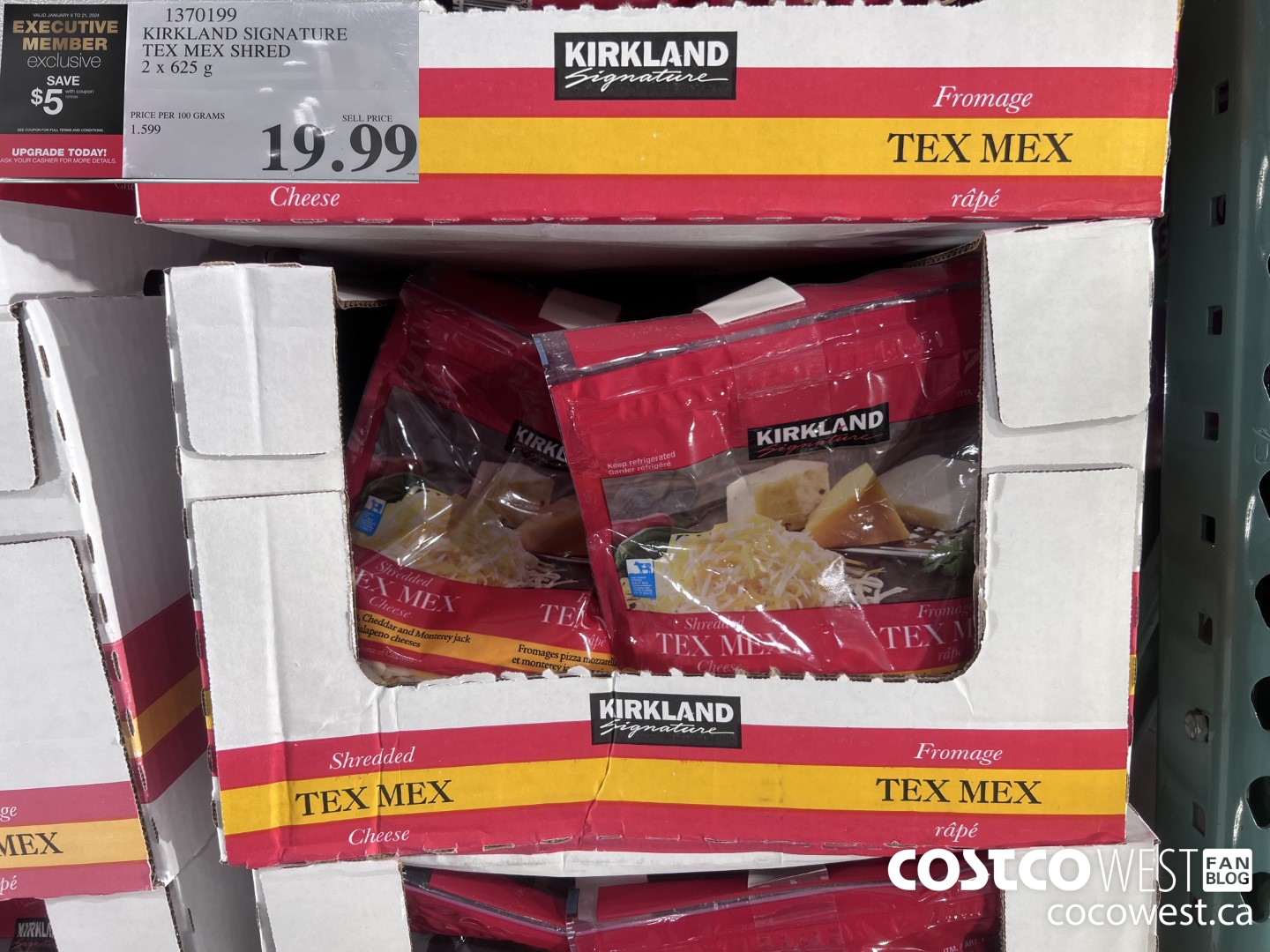 1370199 KIRKLAND SIGNATURE TEX MEX SHRED 2 x 625 g ($5.00 INSTANT SAVINGS EXPIRES ON 2024-01-21) $14.99