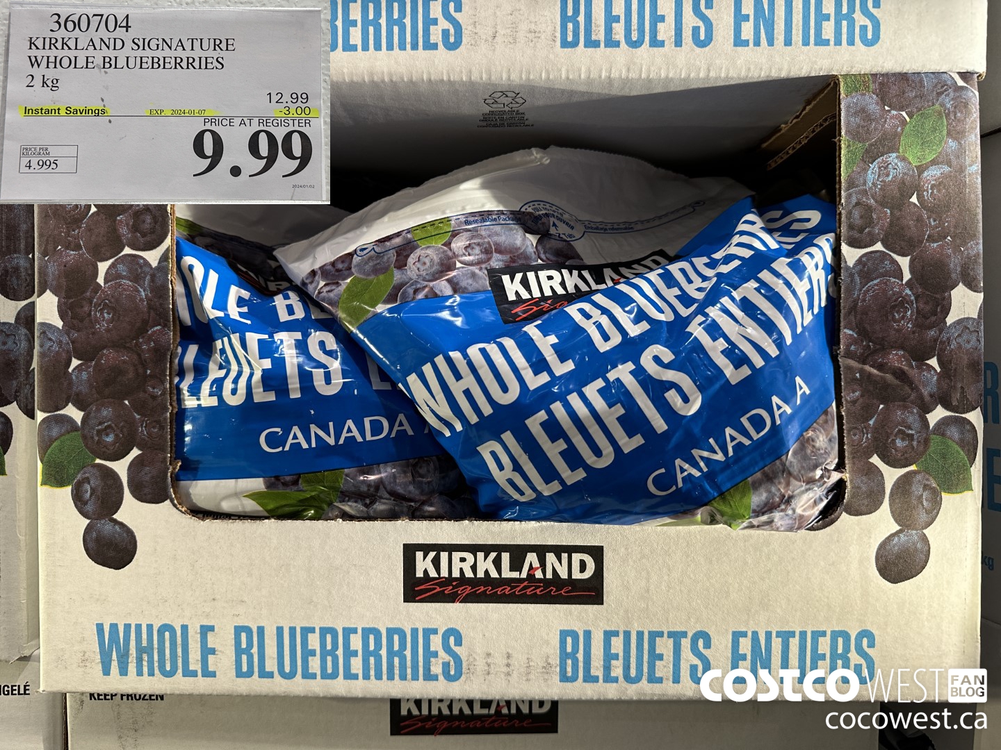 360704 KIRKLAND SIGNATURE WHOLE BLUEBERRIES 2 kg ($3.00 INSTANT SAVINGS EXPIRES ON 2024-01-07) $9.99