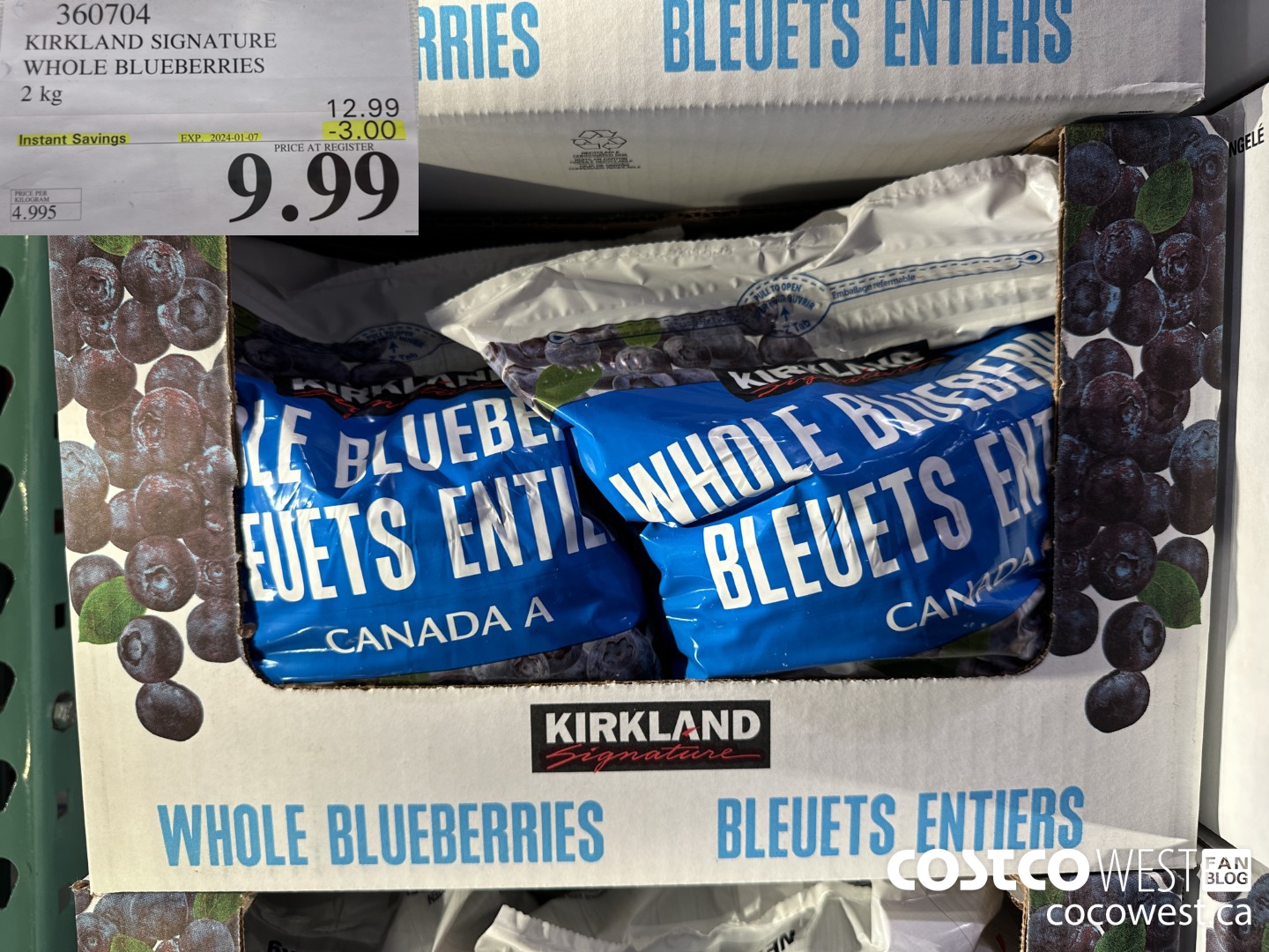 360704 KIRKLAND SIGNATURE WHOLE BLUEBERRIES 2 kg ($3.00 INSTANT SAVINGS EXPIRES ON 2024-01-07) $9.99