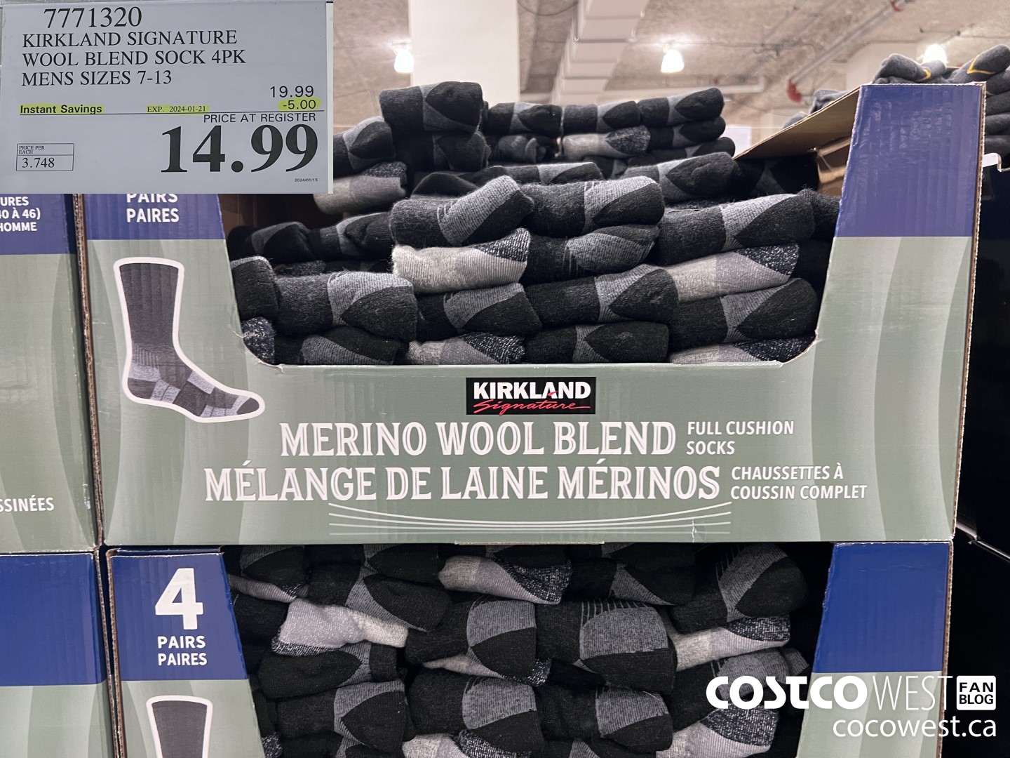 7771320 KIRKLAND SIGNATURE WOOL BLEND SOCK 4PK MENS SIZES 7-13 ($5.00 INSTANT SAVINGS EXPIRES ON 2024-01-21) $14.99