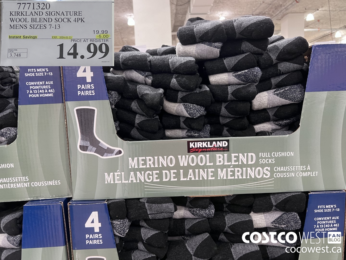 7771320 KIRKLAND SIGNATURE WOOL BLEND SOCK 4PK MENS SIZES 7-13 ($5.00 INSTANT SAVINGS EXPIRES ON 2024-01-21) $14.99