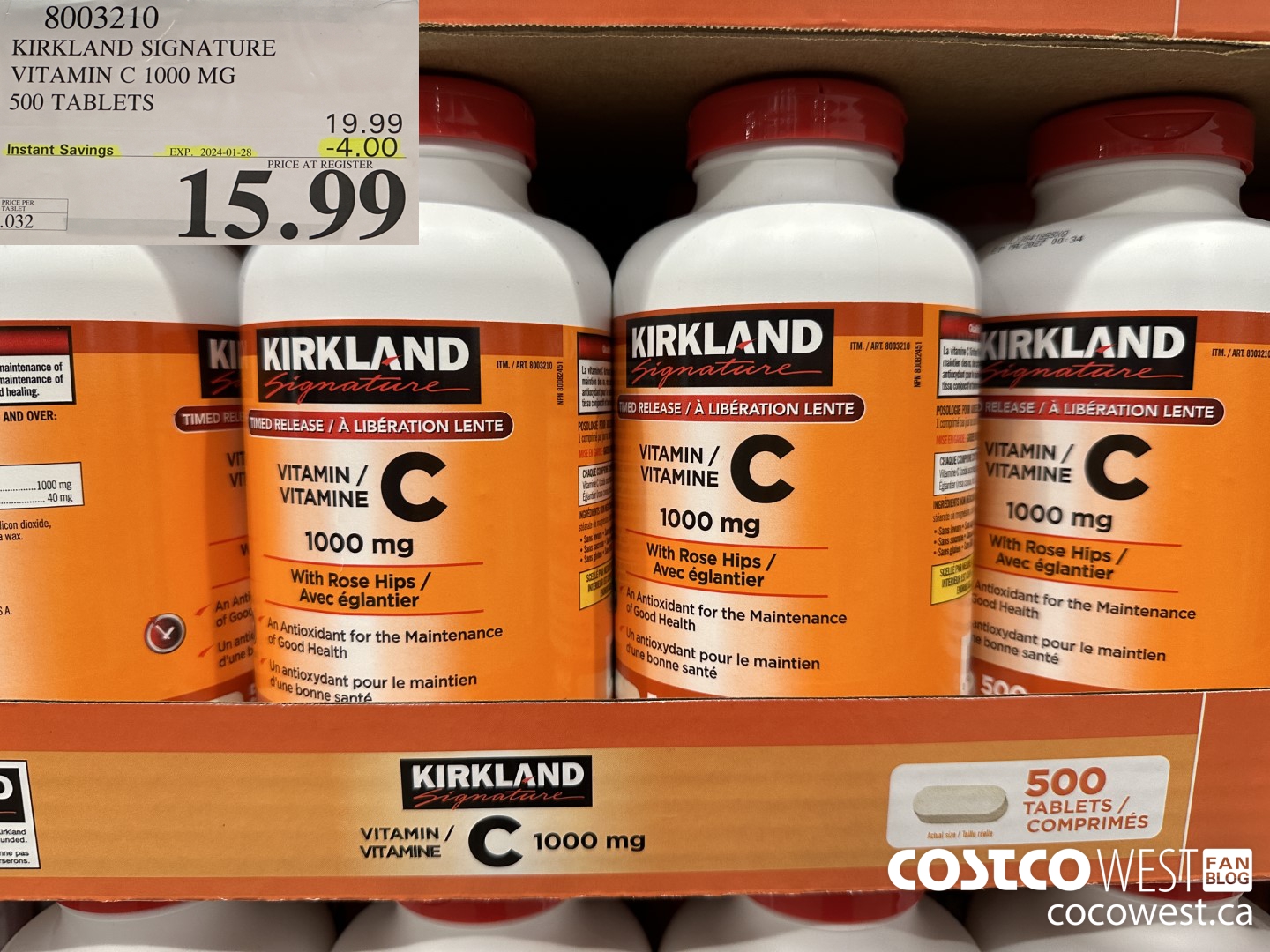 8003210 KIRKLAND SIGNATURE VITAMIN C 1000 MG 500 TABLETS ($4.00 INSTANT SAVINGS EXPIRES ON 2024-01-28) $15.99