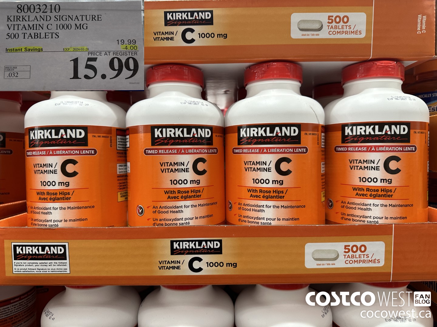 8003210 KIRKLAND SIGNATURE VITAMIN C 1000 MG 500 TABLETS ($4.00 INSTANT SAVINGS EXPIRES ON 2024-01-28) $15.99