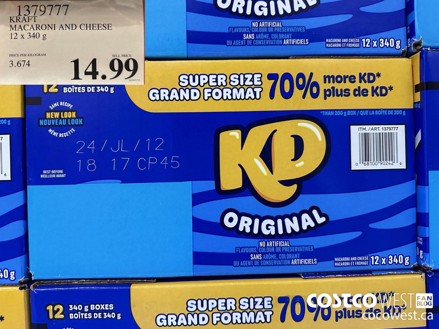 1379777 KRAFT MACARONI AND CHEESE 12 X 340 G $14.99