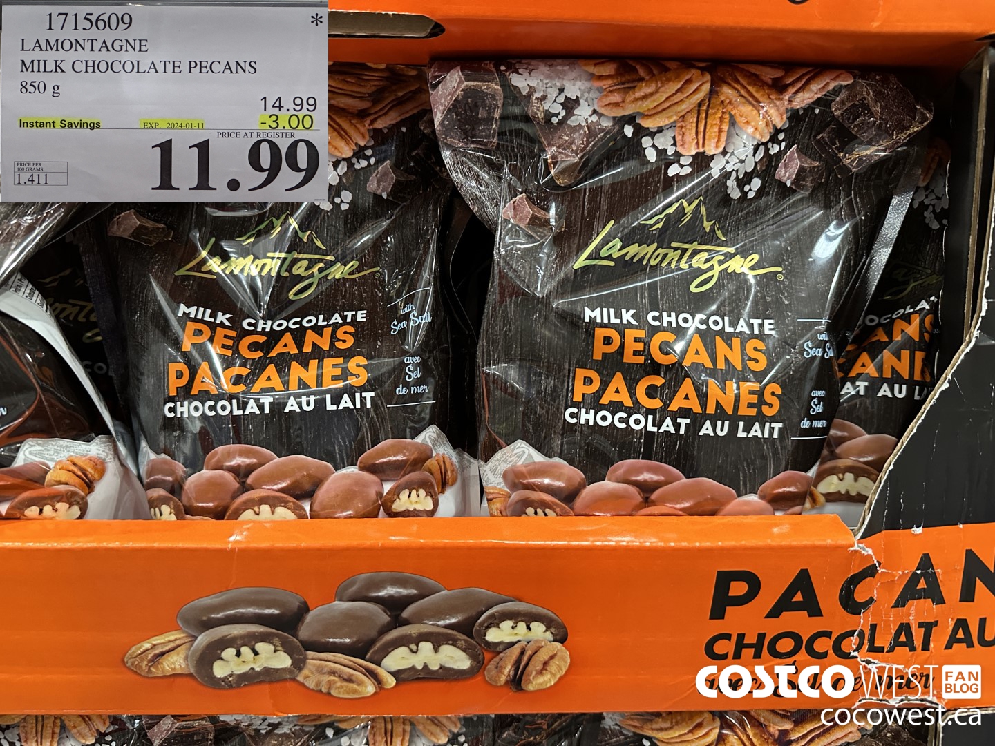 1715609 LAMONTAGNE MILK CHOCOLATE PECANS 850 G ($3.00 INSTANT SAVINGS EXPIRES ON 2024-01-11) $11.99