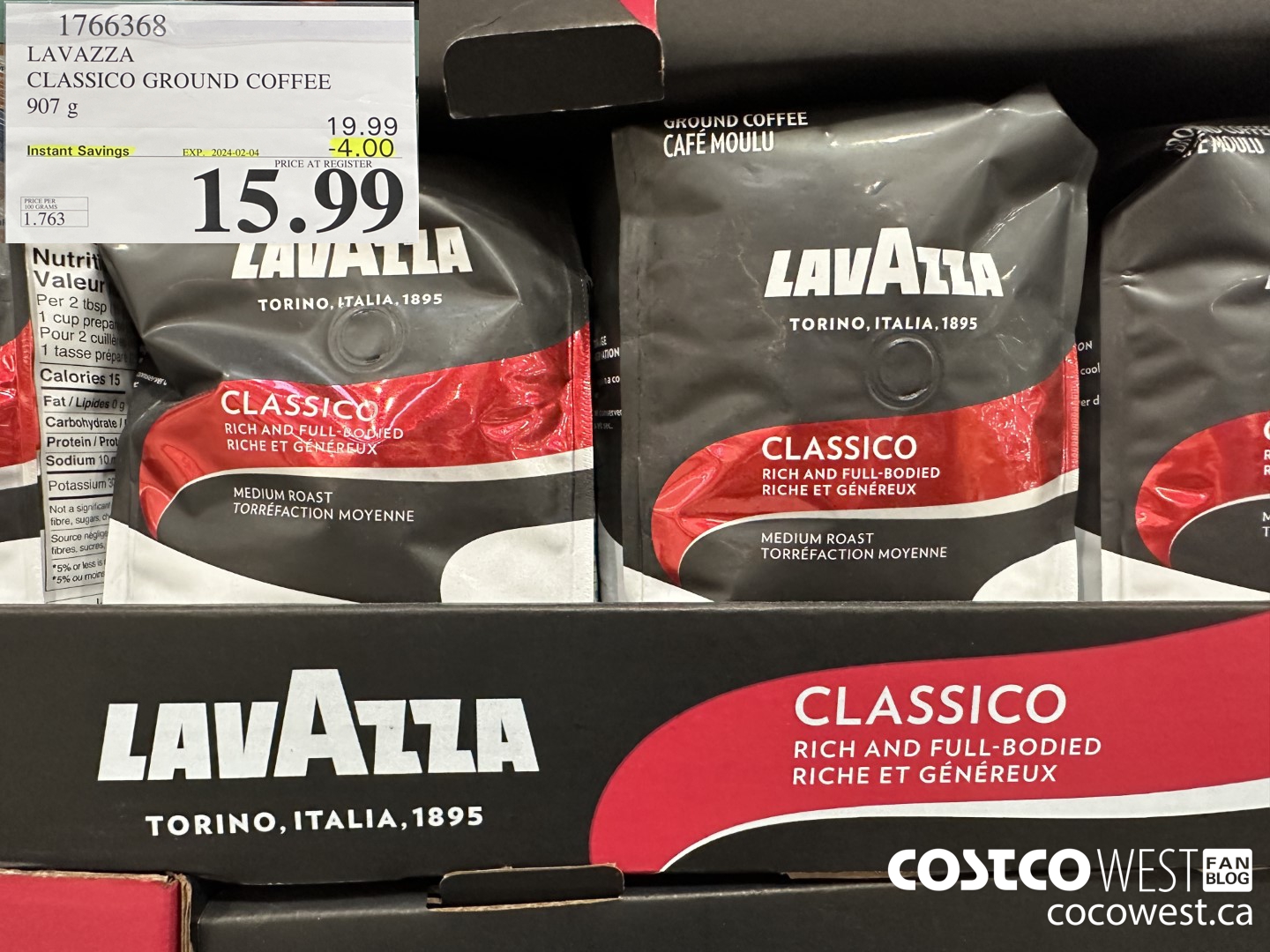 1766368 LAVAZZA CLASSICO GROUND COFFEE 907G ($4.00 INSTANT SAVINGS EXPIRES ON 2024-02-04) $15.99
