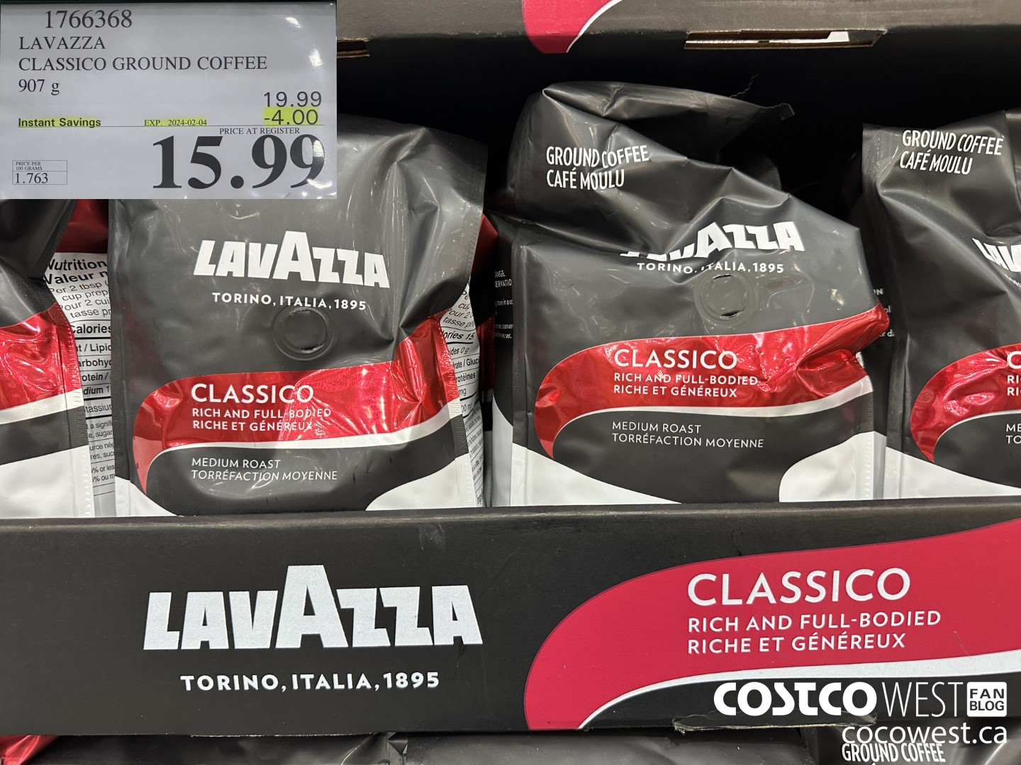 1766368 LAVAZZA CLASSICO GROUND COFFEE 907G ($4.00 INSTANT SAVINGS EXPIRES ON 2024-02-04) $15.99
