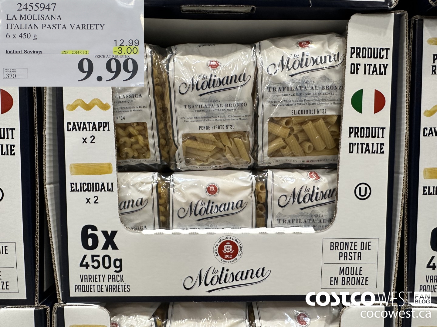 2455947 LA MOLISANA ITALIAN PASTA VARIETY 6 x 450 g ($3.00 INSTANT SAVINGS EXPIRES ON 2024-01-21) $9.99