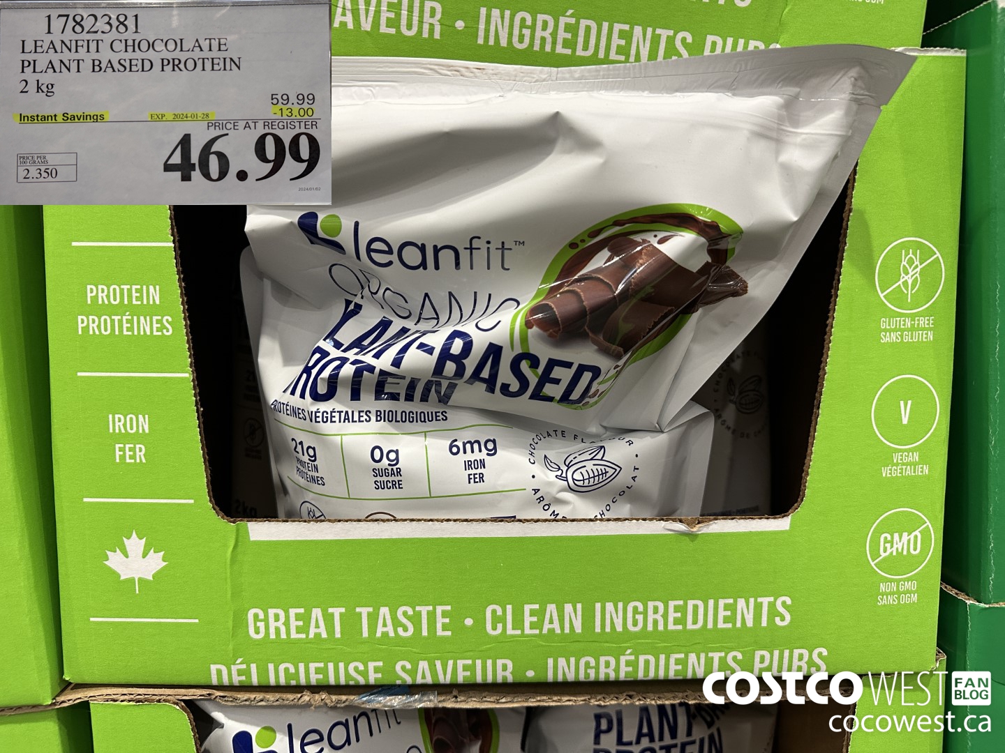 1782381 LEANFIT CHOCOLATE PLANT BASED PROTEIN 2KG ($13.00 INSTANT SAVINGS EXPIRES ON 2024-01-28) $46.99