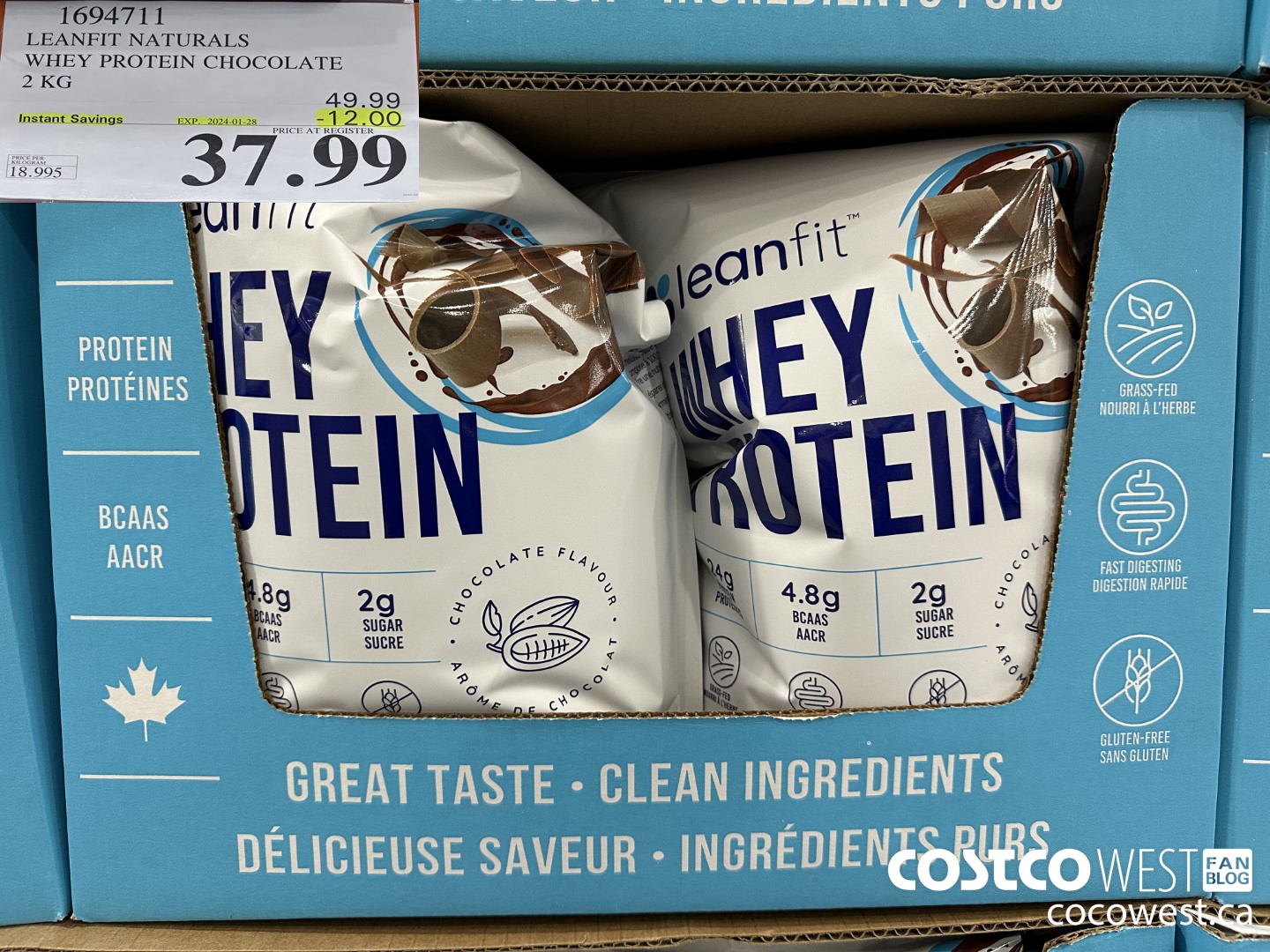 1694711 LEANFIT NATURALS WHEY PROTEIN CHOCOLATE 2 KG ($12.00 INSTANT SAVINGS EXPIRES ON 2024-01-28) $37.99