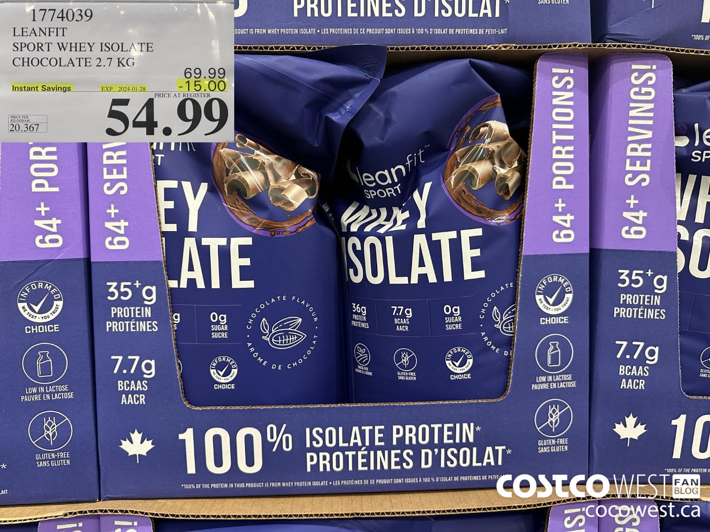 1774039 LEANFIT SPORT WHEY ISOLATE CHOCOLATE 2.7KG ($15.00 INSTANT SAVINGS EXPIRES ON 2024-01-28) $54.99