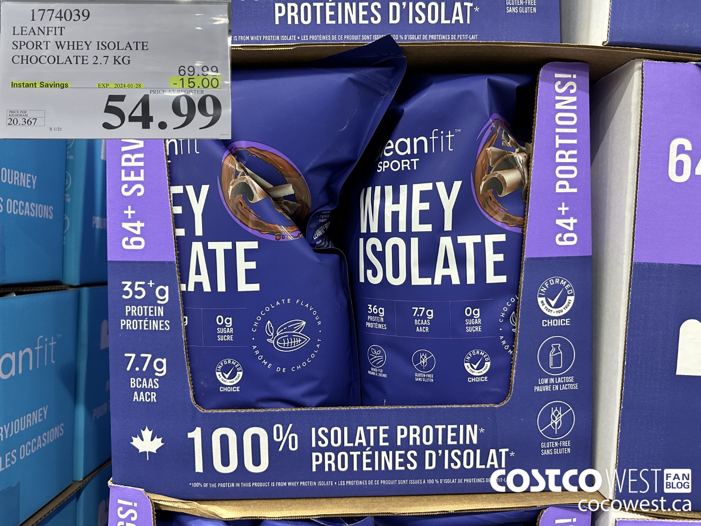 1774039 LEANFIT SPORT WHEY ISOLATE CHOCOLATE 2.7KG ($15.00 INSTANT SAVINGS EXPIRES ON 2024-01-28) $54.99
