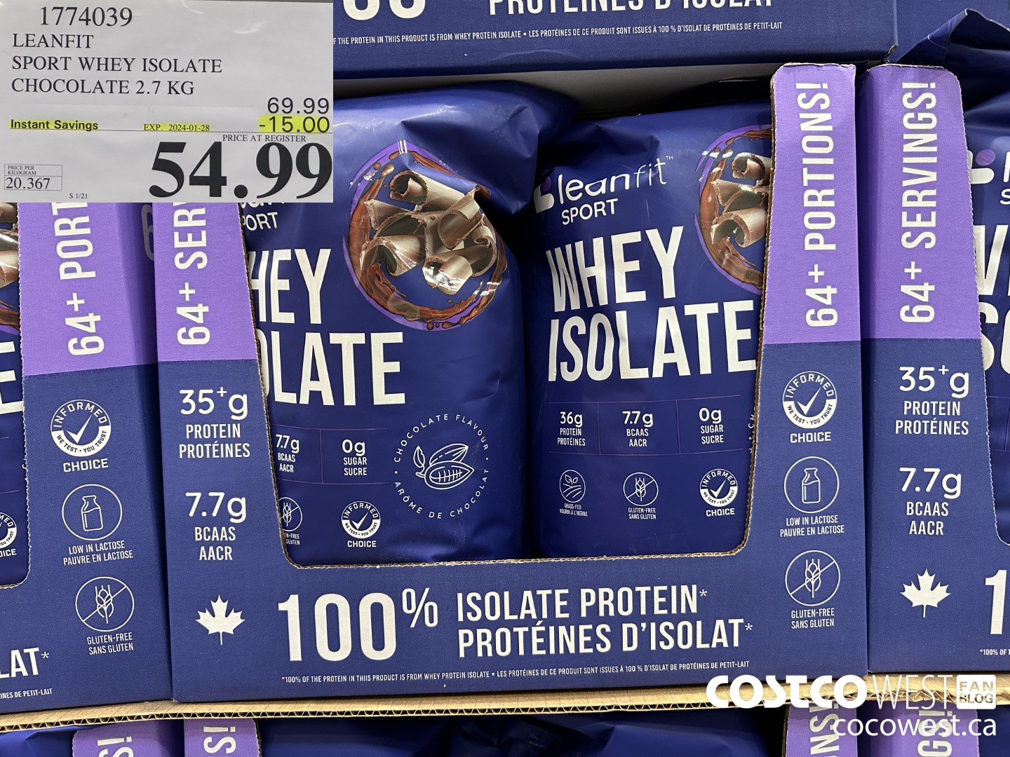 1774039 LEANFIT SPORT WHEY ISOLATE CHOCOLATE 2.7KG ($15.00 INSTANT SAVINGS EXPIRES ON 2024-01-28) $54.99