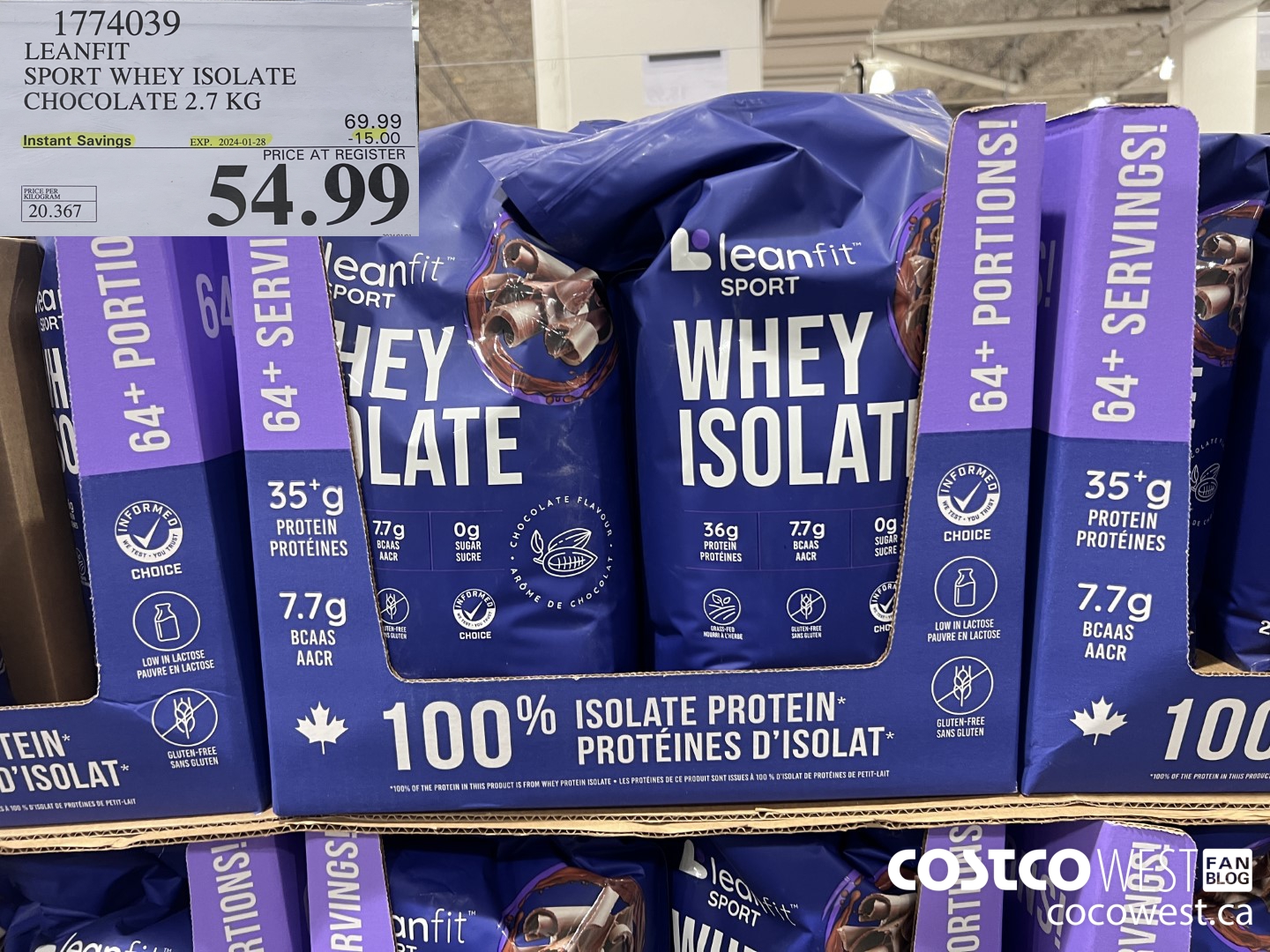 1774039 LEANFIT SPORT WHEY ISOLATE CHOCOLATE 2.7KG ($15.00 INSTANT SAVINGS EXPIRES ON 2024-01-28) $54.99