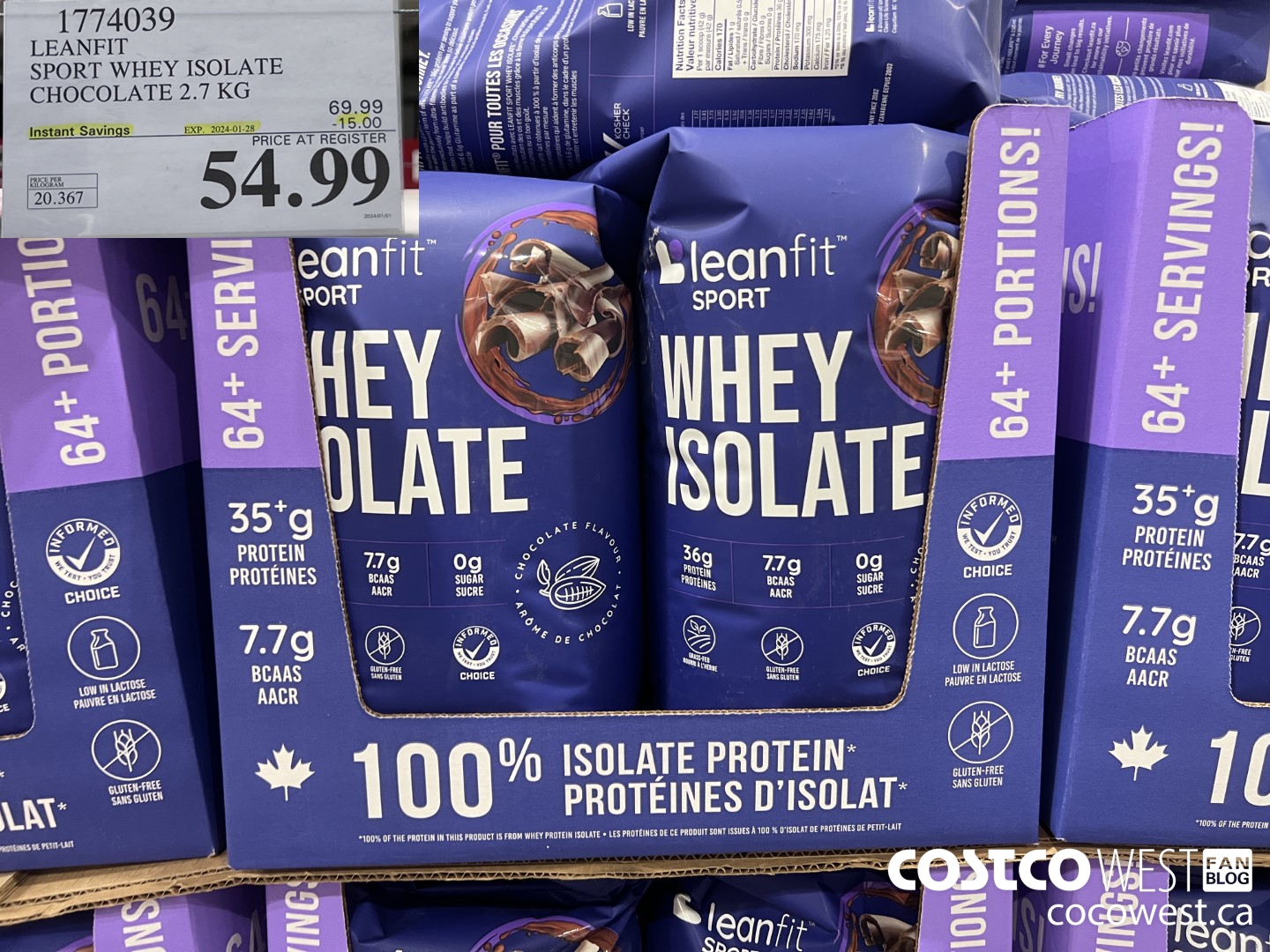 1774039 LEANFIT SPORT WHEY ISOLATE CHOCOLATE 2.7KG ($15.00 INSTANT SAVINGS EXPIRES ON 2024-01-28) $54.99