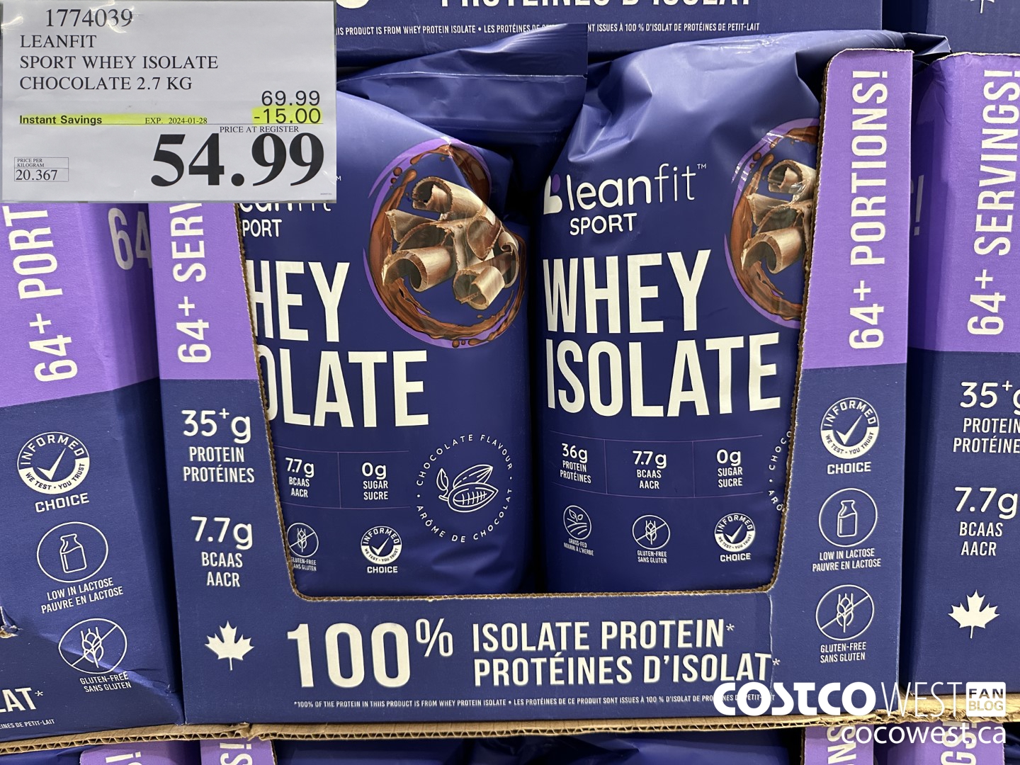 1774039 LEANFIT SPORT WHEY ISOLATE CHOCOLATE 2.7KG ($15.00 INSTANT SAVINGS EXPIRES ON 2024-01-28) $54.99