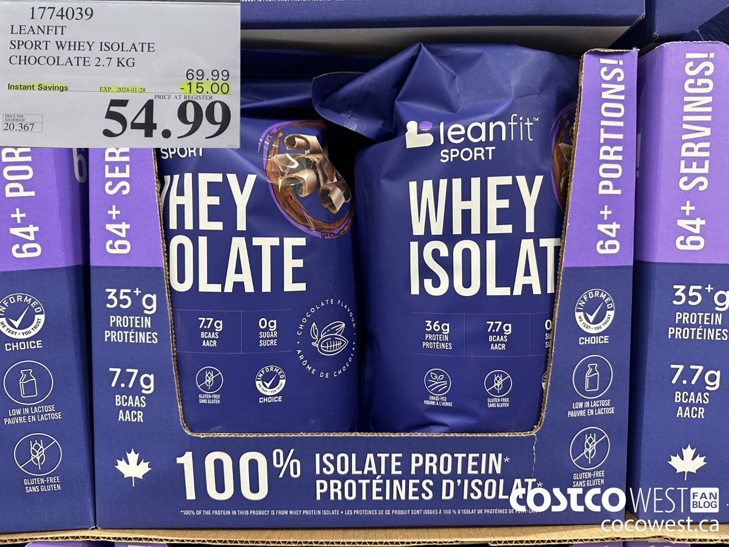 1774039 LEANFIT SPORT WHEY ISOLATE CHOCOLATE 2.7KG ($15.00 INSTANT SAVINGS EXPIRES ON 2024-01-28) $54.99