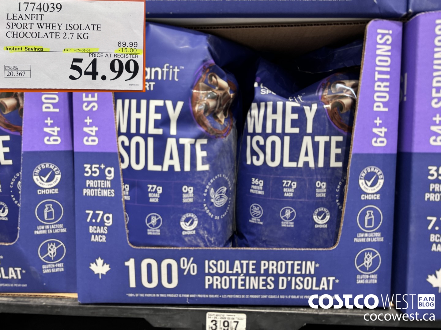 1774039 LEANFIT SPORT WHEY ISOLATE CHOCOLATE 2.7KG ($15.00 INSTANT SAVINGS EXPIRES ON 2024-02-04) $54.99