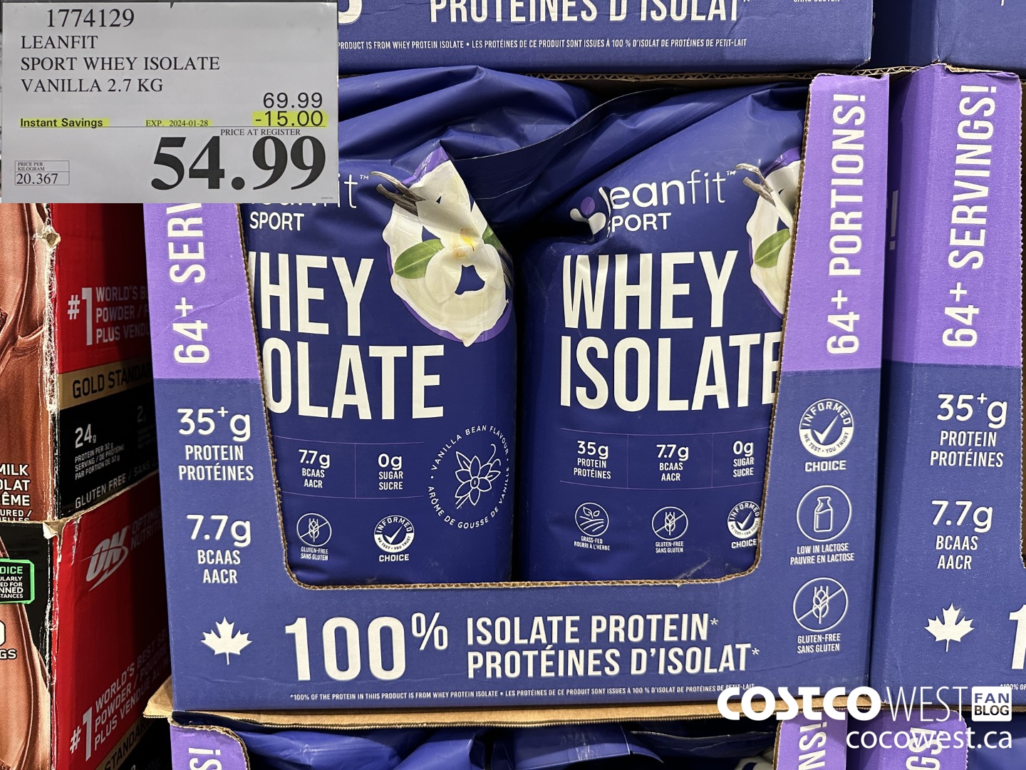 1774129 LEANFIT SPORT WHEY ISOLATE VANILLA 2.7 KG ($15.00 INSTANT SAVINGS EXPIRES ON 2024-01-28) $54.99