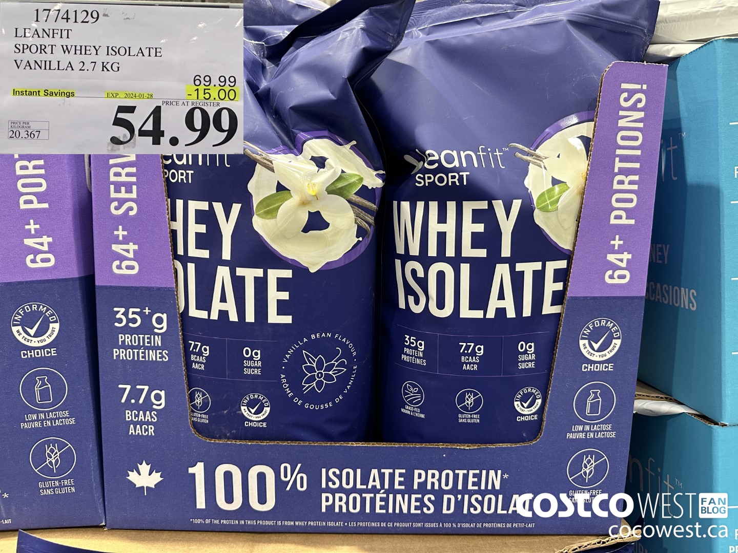 1774129 LEANFIT SPORT WHEY ISOLATE VANILLA 2.7 KG ($15.00 INSTANT SAVINGS EXPIRES ON 2024-01-28) $54.99