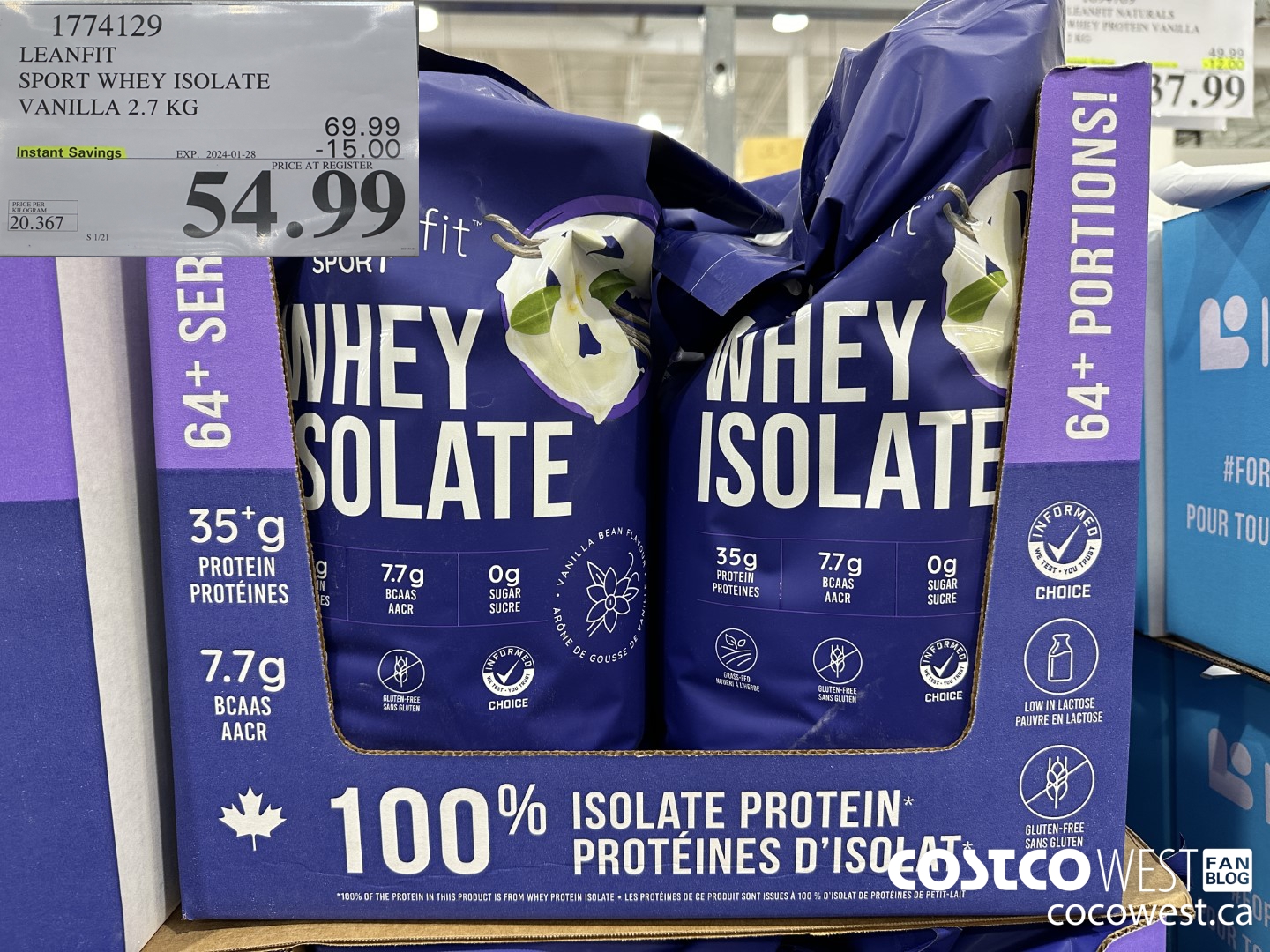 1774129 LEANFIT SPORT WHEY ISOLATE VANILLA 2.7 KG ($15.00 INSTANT SAVINGS EXPIRES ON 2024-01-28) $54.99