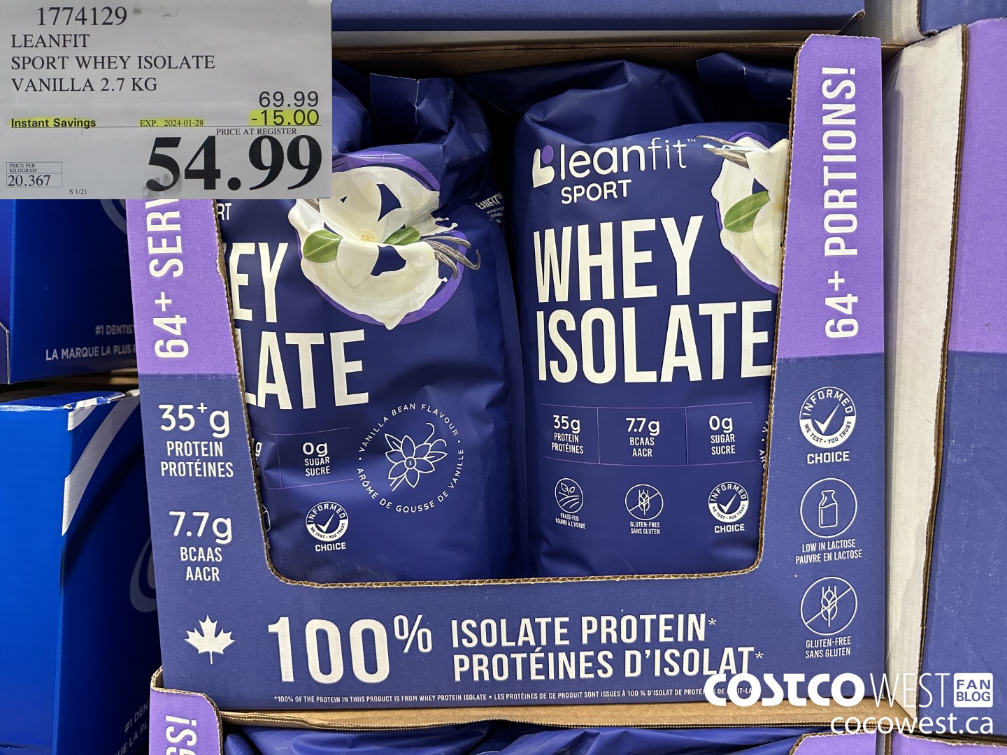 1774129 LEANFIT SPORT WHEY ISOLATE VANILLA 2.7 KG ($15.00 INSTANT SAVINGS EXPIRES ON 2024-01-28) $54.99