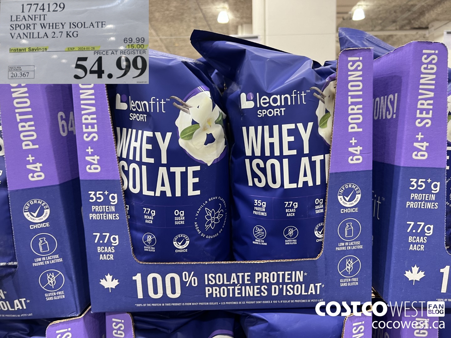 1774129 LEANFIT SPORT WHEY ISOLATE VANILLA 2.7 KG ($15.00 INSTANT SAVINGS EXPIRES ON 2024-01-28) $54.99