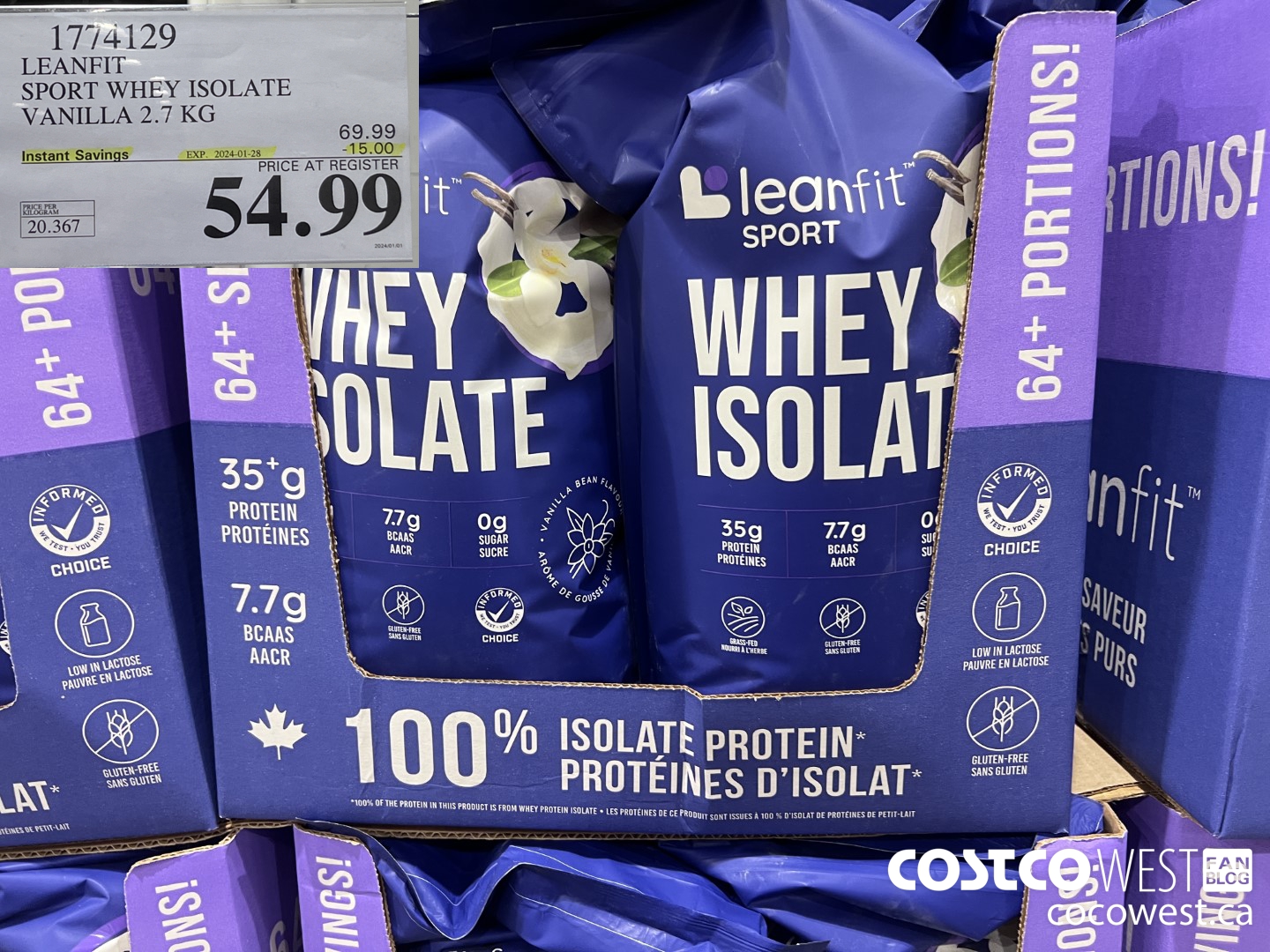 1774129 LEANFIT SPORT WHEY ISOLATE VANILLA 2.7 KG ($15.00 INSTANT SAVINGS EXPIRES ON 2024-01-28) $54.99