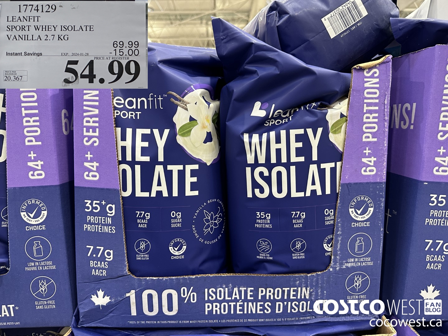 1774129 LEANFIT SPORT WHEY ISOLATE VANILLA 2.7 KG ($15.00 INSTANT SAVINGS EXPIRES ON 2024-01-28) $54.99