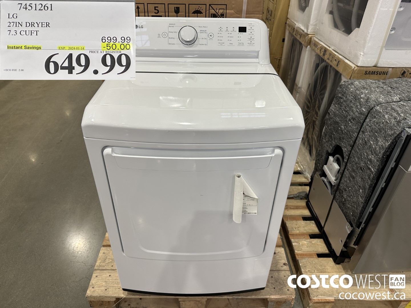 7451261 LG 27IN 7.3 CU. FT DRYER ($50.00 INSTANT SAVINGS EXPIRES ON 2024-01-14) $649.99
