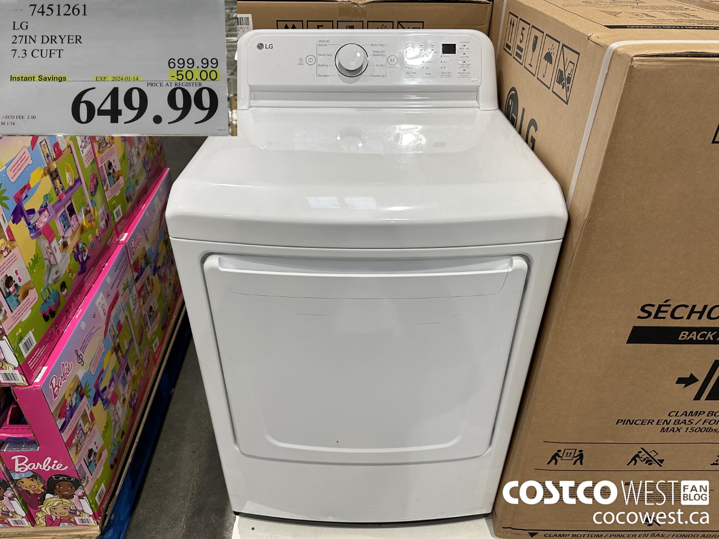 7451261 LG 27IN 7.3 CU. FT DRYER ($50.00 INSTANT SAVINGS EXPIRES ON 2024-01-14) $649.99