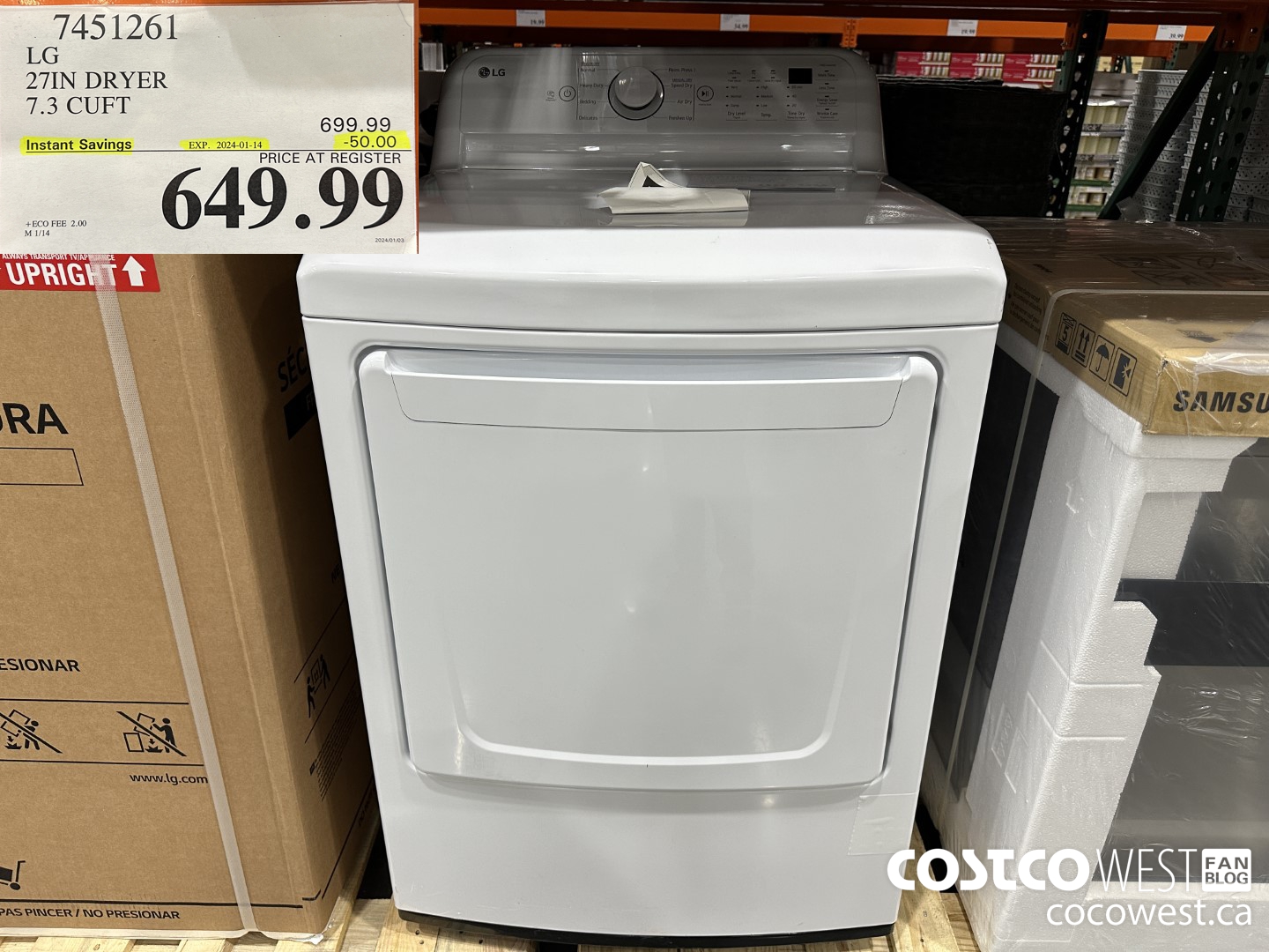 7451261 LG 27IN 7.3 CU. FT DRYER ($50.00 INSTANT SAVINGS EXPIRES ON 2024-01-14) $649.99