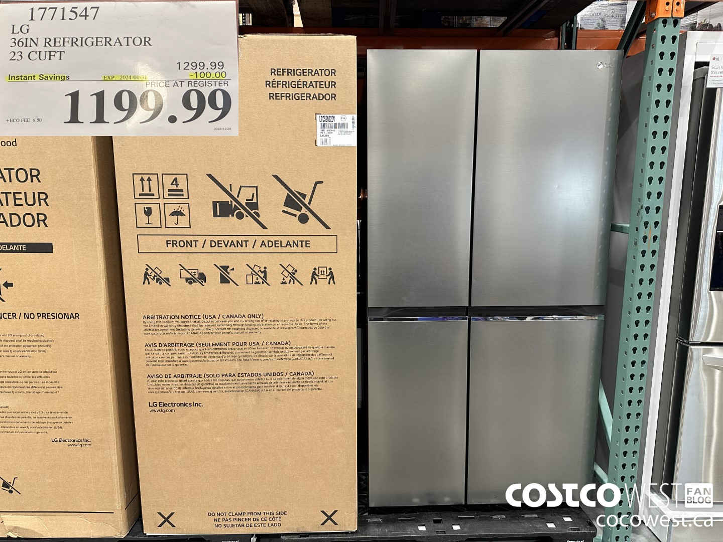 1771547 LG 36IN REFRIGERATOR 23 CUFT ($100.00 INSTANT SAVINGS EXPIRES ON 2024-01-31) $1199.99