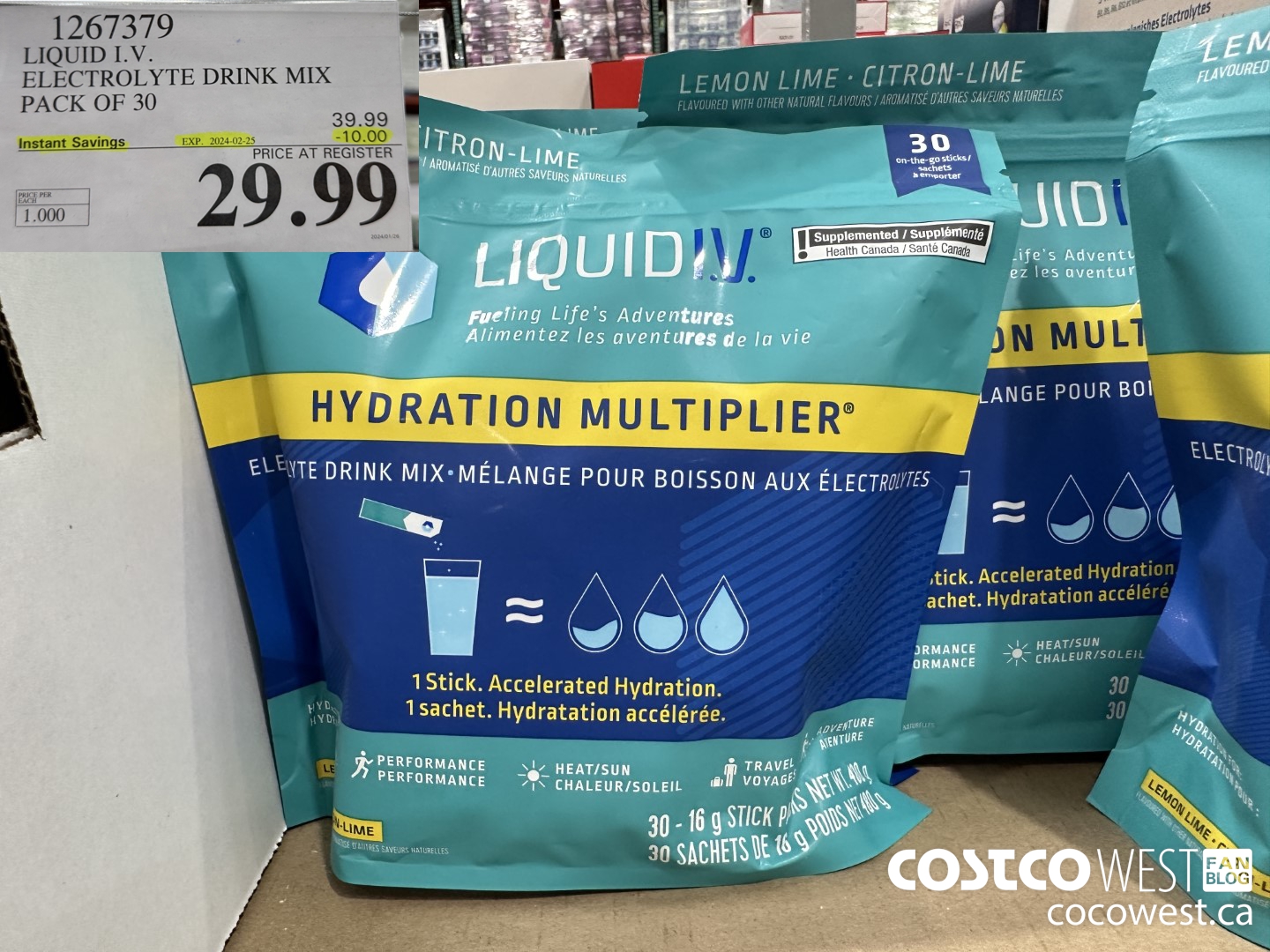 1267379 LIQUID I.V. ELECTROLYTE DRINK MIX PACK OF 30 ($10.00 INSTANT SAVINGS EXPIRES ON 2024-02-25) $29.99