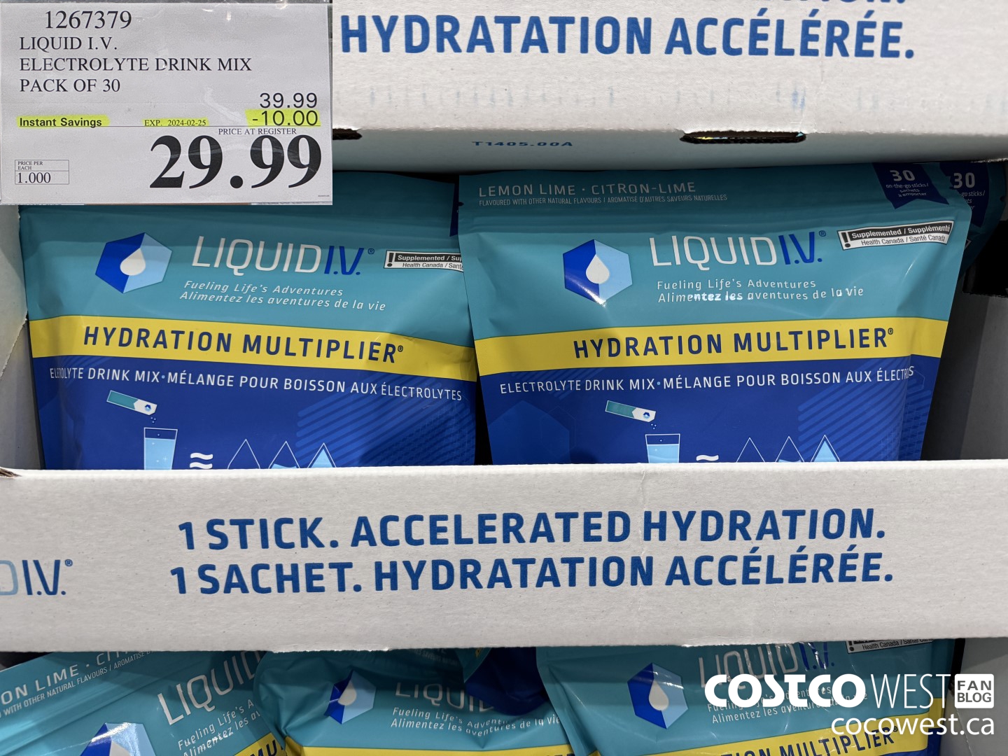 1267379 LIQUID I.V. ELECTROLYTE DRINK MIX PACK OF 30 ($10.00 INSTANT SAVINGS EXPIRES ON 2024-02-25) $29.99