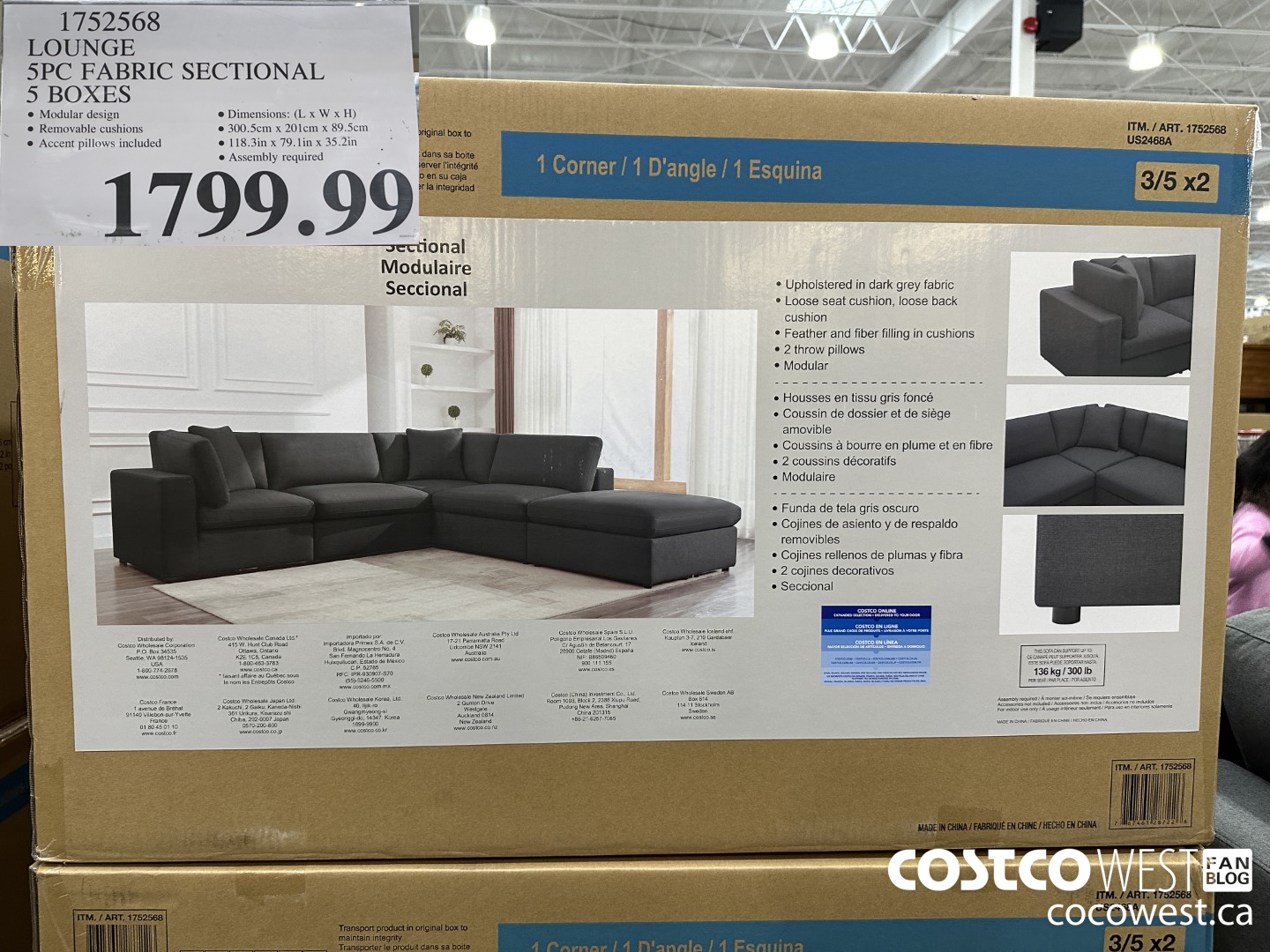 1752568 LOUNGE 5PC FABRIC SECTIONAL 5 BOXES $1799.99