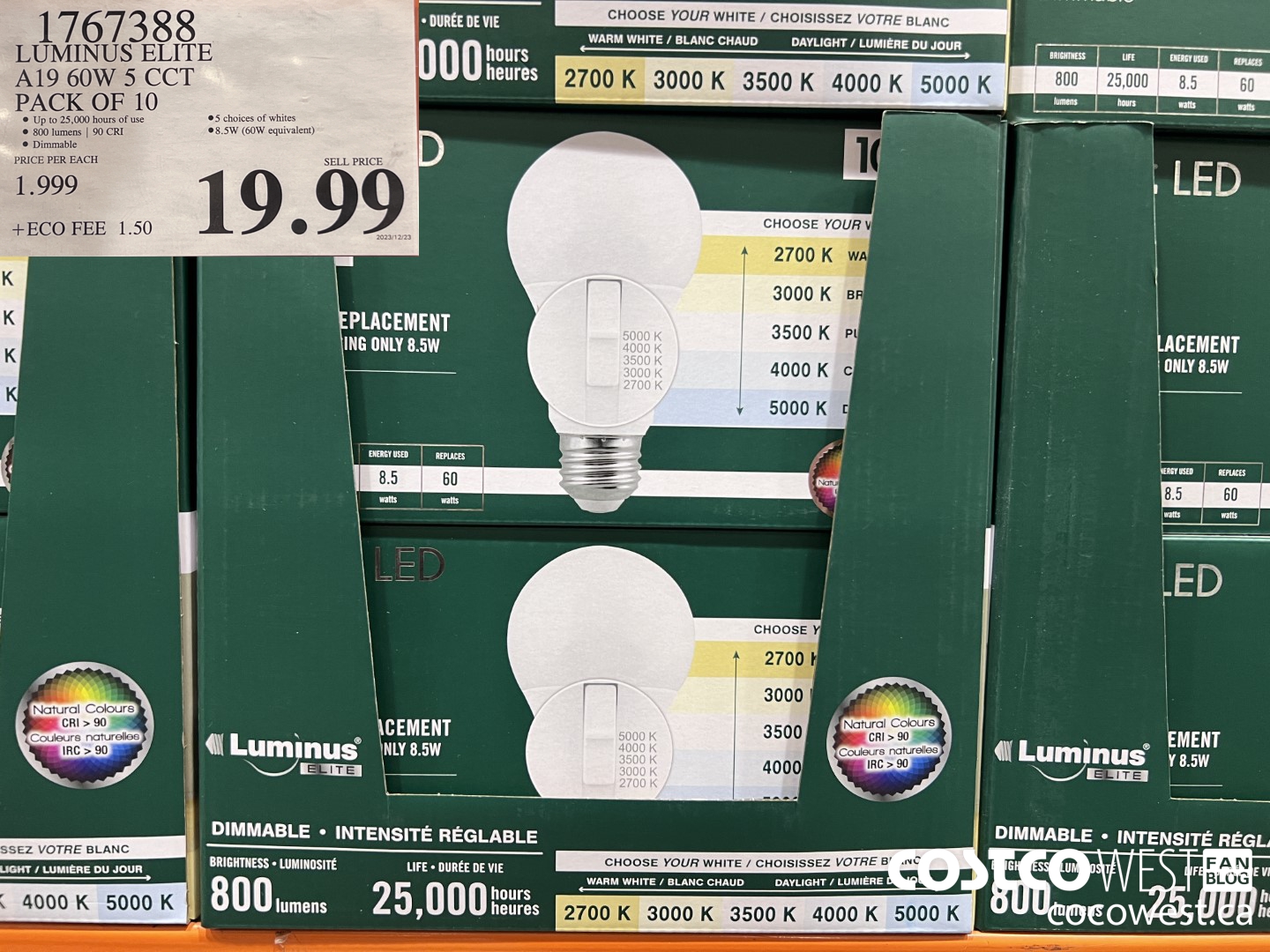 1767388 LUMINUS LED A19 BULB PACK OF 10 $19.99