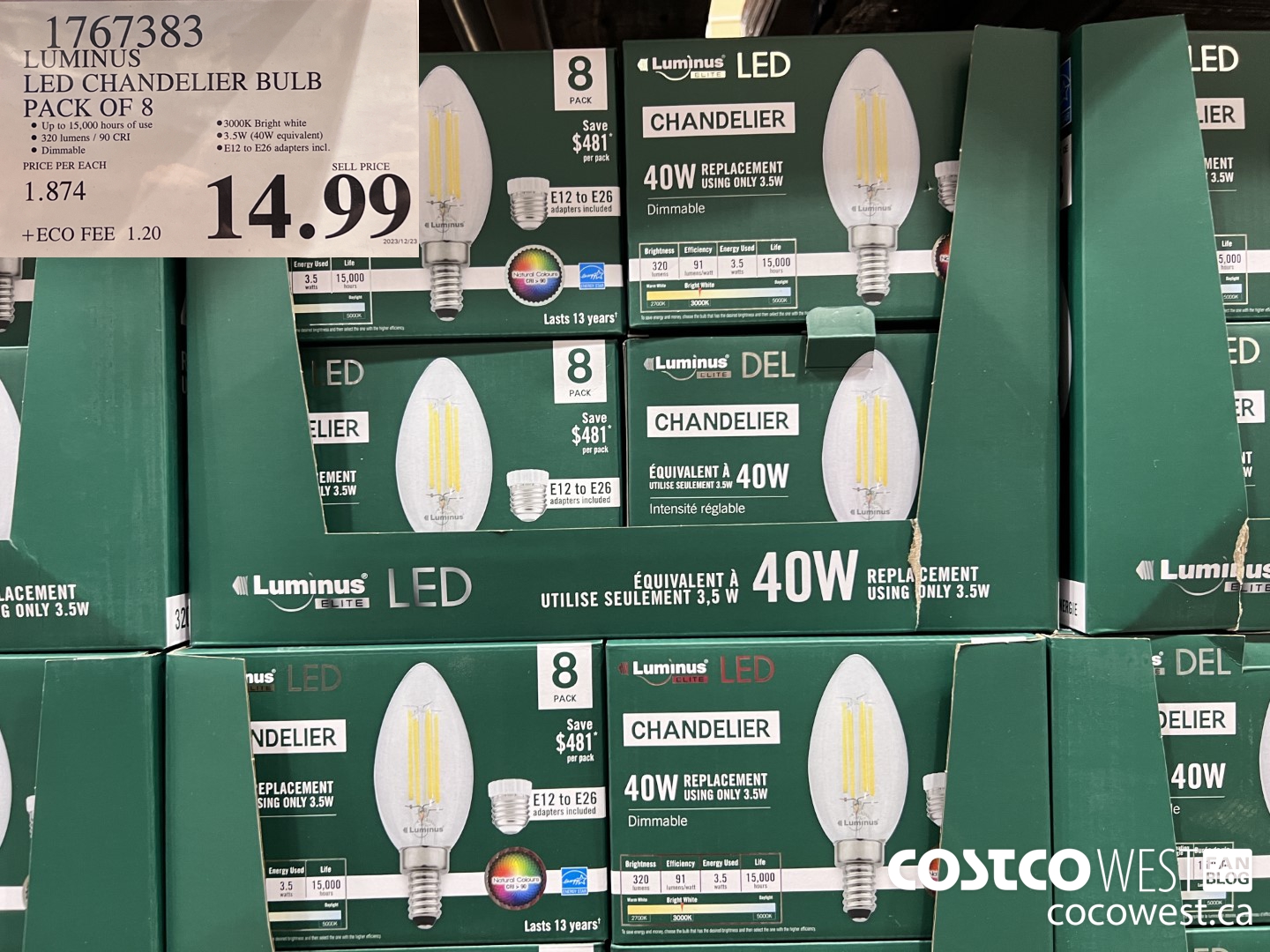 1767383 LUMINUS LED CHANDELIER BULB PACK OF 8 $14.99