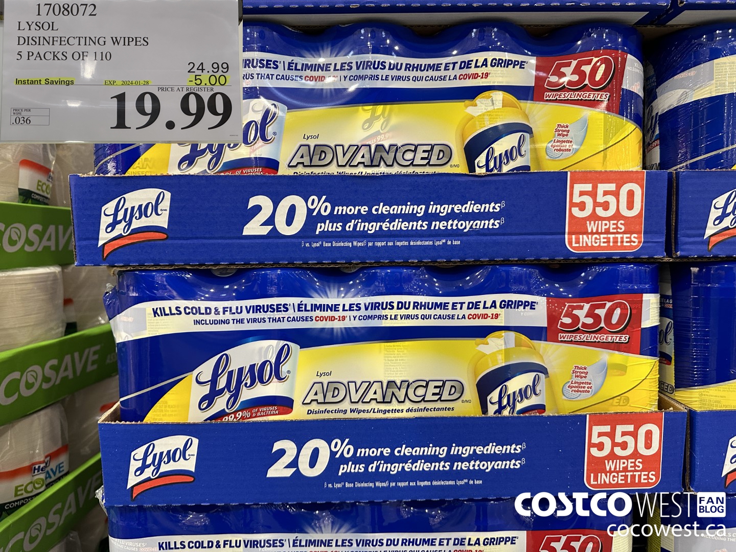 1708072 LYSOL DISINFECTING WIPES 5 X 110 WIPES ($5.00 INSTANT SAVINGS EXPIRES ON 2024-01-28) $19.99