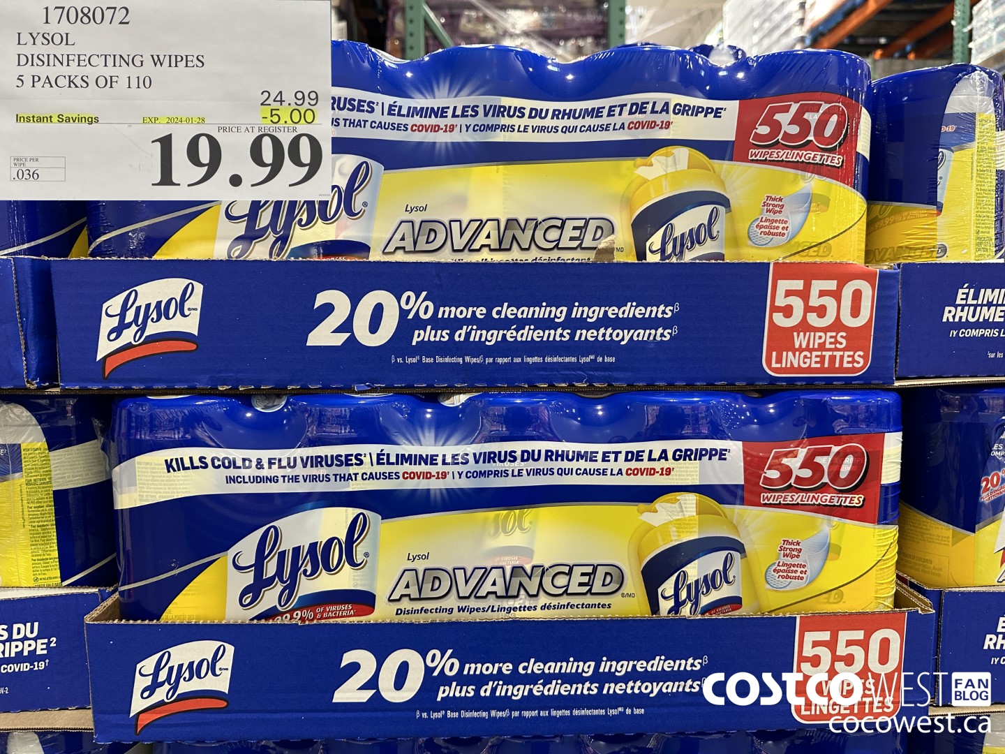 1708072 LYSOL DISINFECTING WIPES 5 X 110 WIPES ($5.00 INSTANT SAVINGS EXPIRES ON 2024-01-28) $19.99