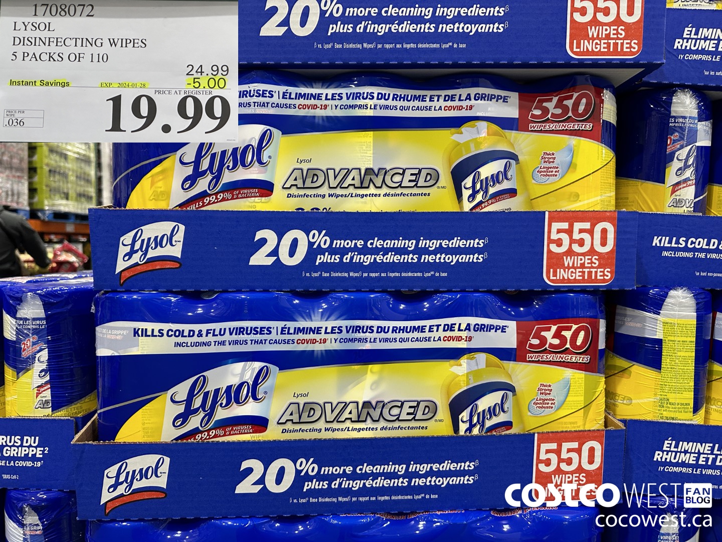 1708072 LYSOL DISINFECTING WIPES 5 X 110 WIPES ($5.00 INSTANT SAVINGS EXPIRES ON 2024-01-28) $19.99