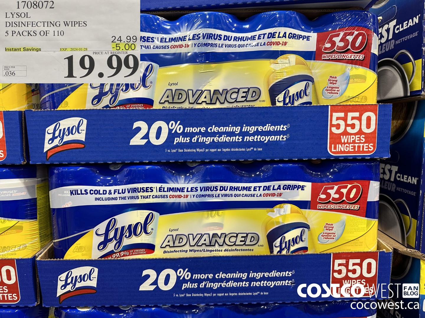1708072 LYSOL DISINFECTING WIPES 5 X 110 WIPES ($5.00 INSTANT SAVINGS EXPIRES ON 2024-01-28) $19.99