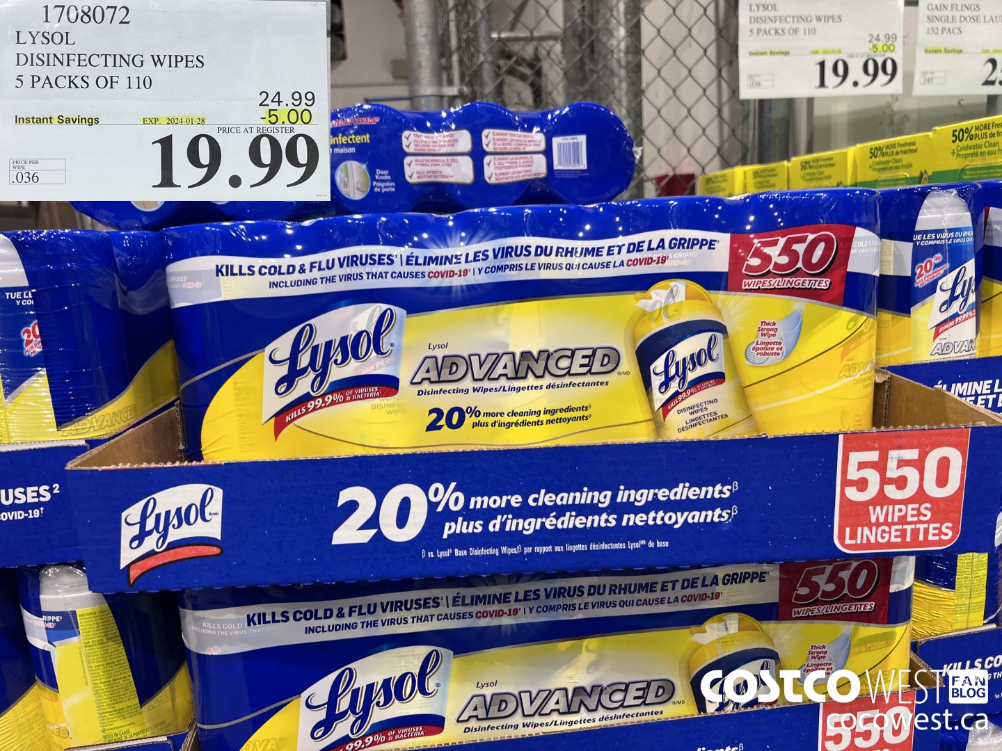 1708072 LYSOL DISINFECTING WIPES 5 X 110 WIPES ($5.00 INSTANT SAVINGS EXPIRES ON 2024-01-28) $19.99