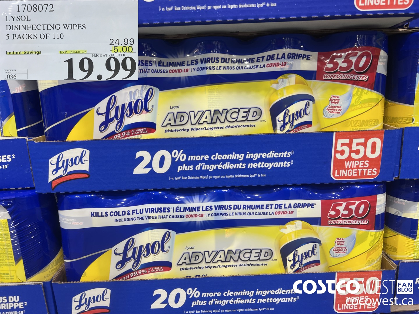 1708072 LYSOL DISINFECTING WIPES 5 X 110 WIPES ($5.00 INSTANT SAVINGS EXPIRES ON 2024-01-28) $19.99